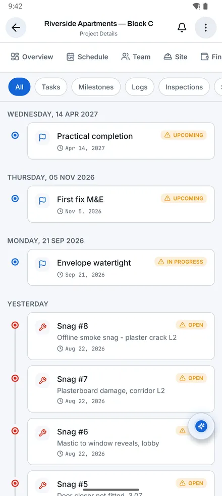 Projects: Activity screen