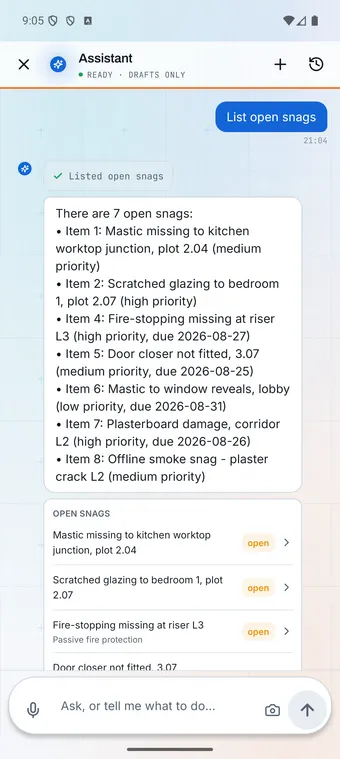 The same assistant on the Konverge phone app, answering with a list of open snags