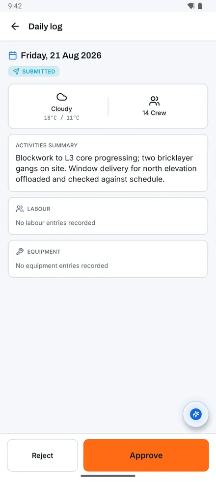Field operations: Daily log screen