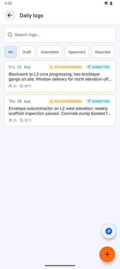 The daily log list in the Konverge phone app