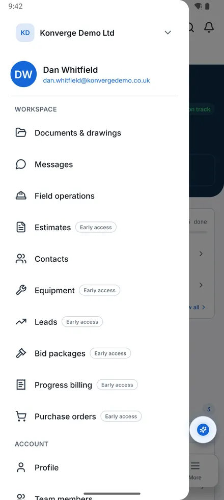 Estimates: Workspace menu screen