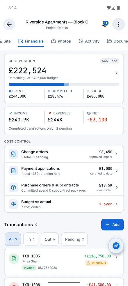 Projects: Financials screen
