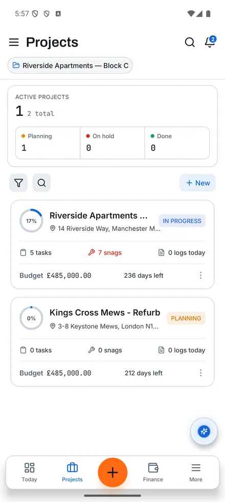 Reports: Projects screen