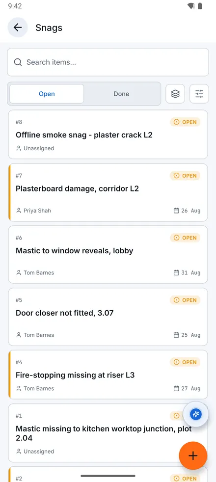 Field operations: Snag list screen