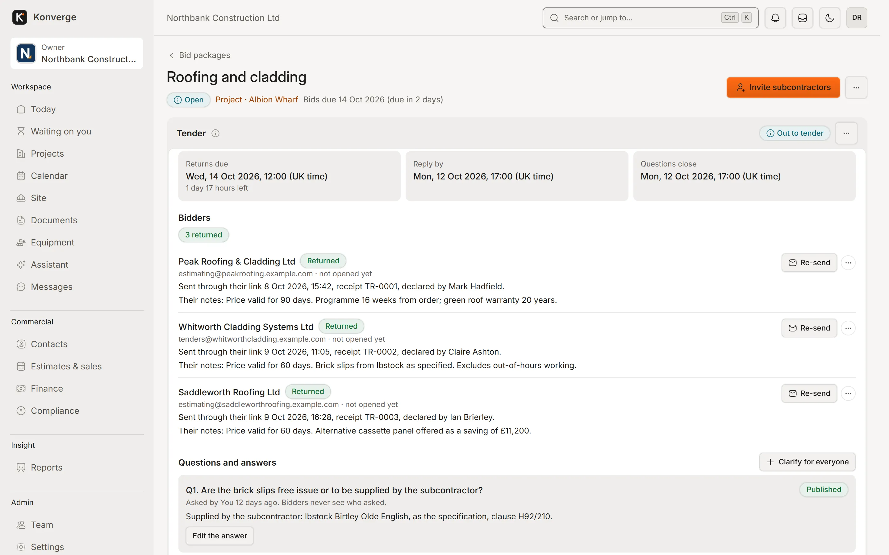 Konverge web app bid package for roofing and cladding: tender dates, bidders who returned prices, and their notes
