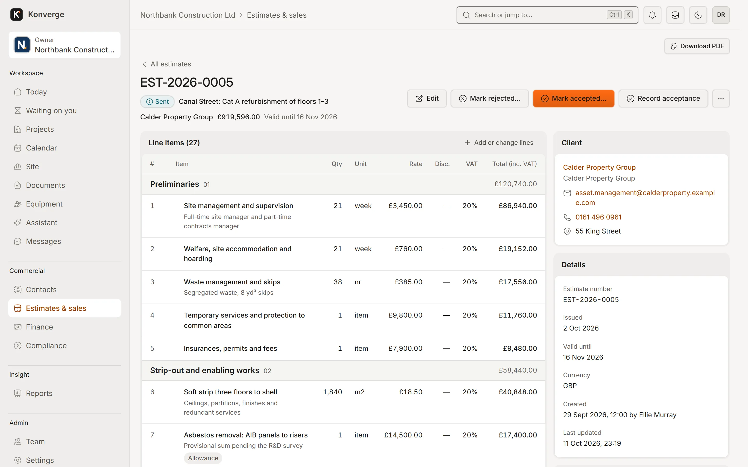 Konverge web app estimate EST-2026-0005 for a refurbishment, with grouped line items, quantities, rates and VAT, and the client details beside it