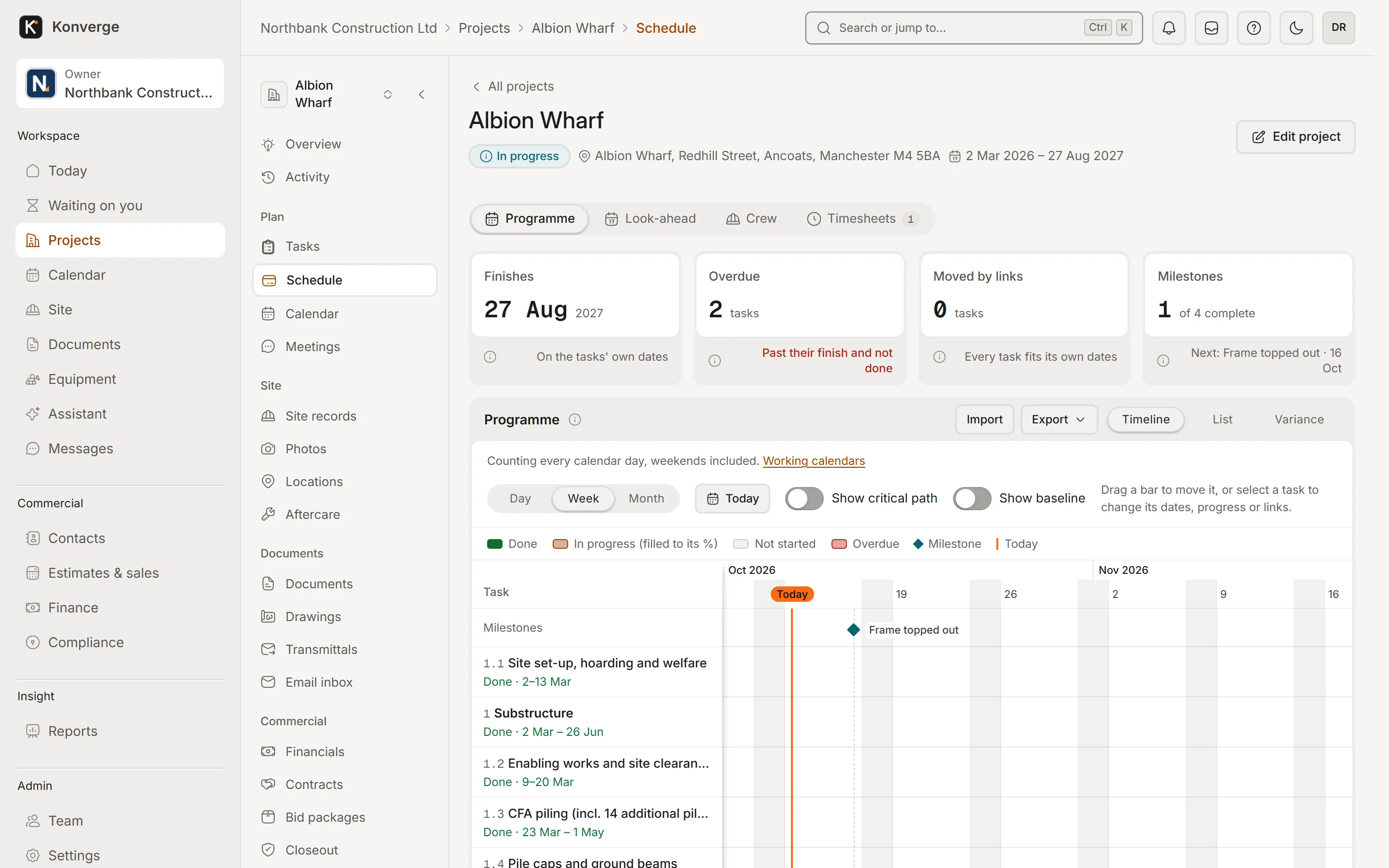Konverge web app programme for Albion Wharf: finish date, overdue tasks and milestones above a Gantt chart with a today line